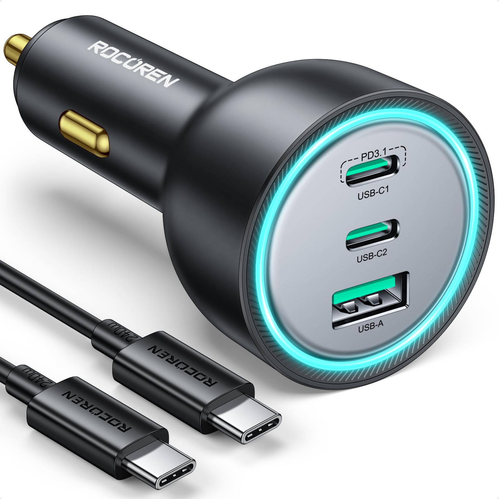 View 1 of 165W Car Charger for Laptops, PD3.1 140W/PD3.0 100W USB C Car Charger,Super Fast Charging Cigarette Lighter USB Charger Adapter with 240W Cable for MacBook Pro,iPhone 17/16/15,Samsung S25,iPad