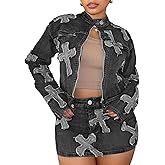 Elainone 2 Piece Denim Skirt Set for Women Zipper Jacket and Mini Skirt Sets with Pockets