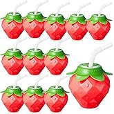 Havawish 12 Pcs Strawberry Shaped Cup with Lids and Straws, 17oz Strawberry Birthday Party Supplies Plastic Portable Reusable Cute Cups Water Bottle for Girls Women Drinking