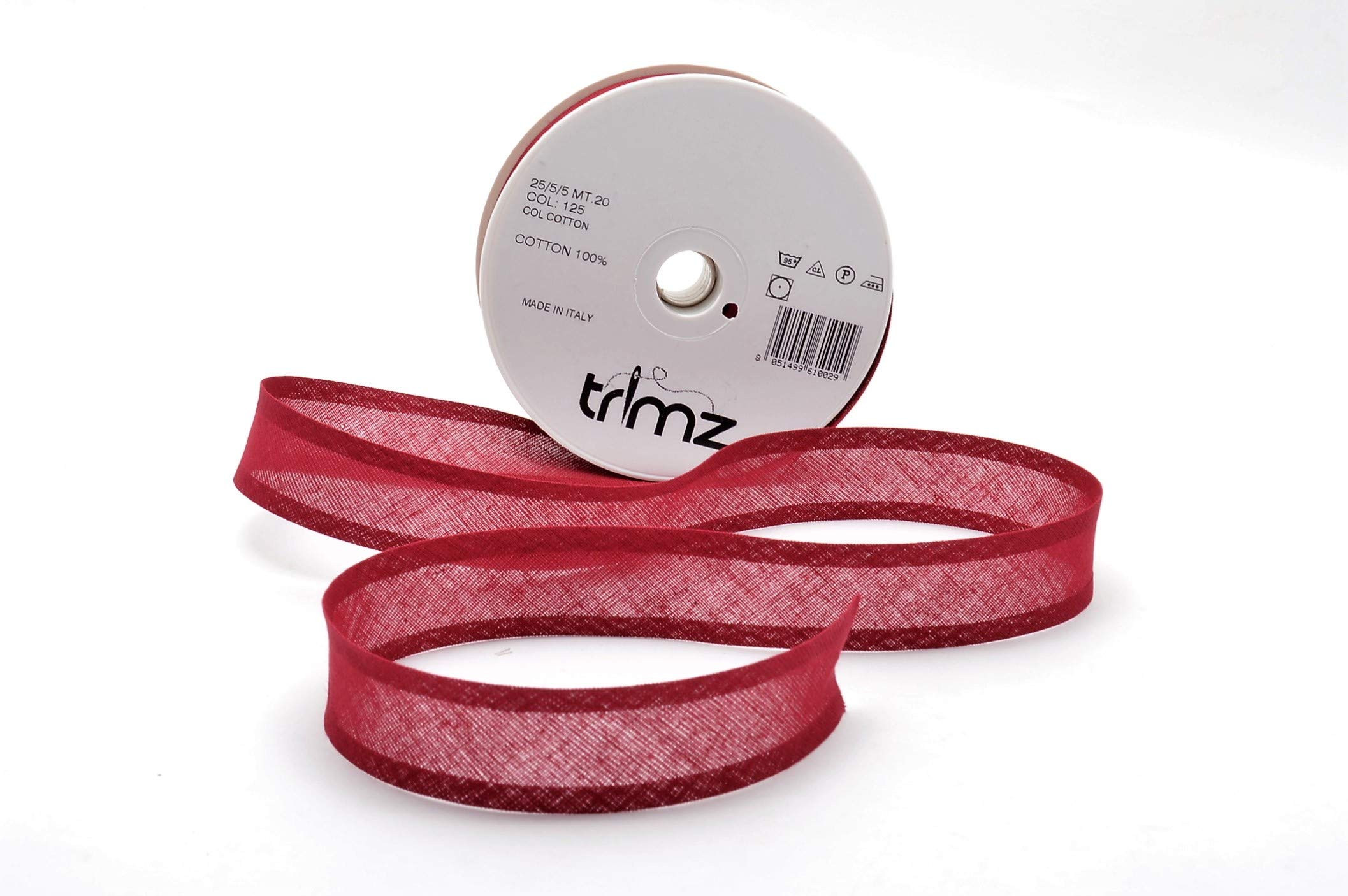 Inastri Trimz 25/5/5 mm Cotton Bias Binding, Burgundy 125 – Double‑Fold Sewing Tape for Quilting, Dressmaking & DIY Crafts