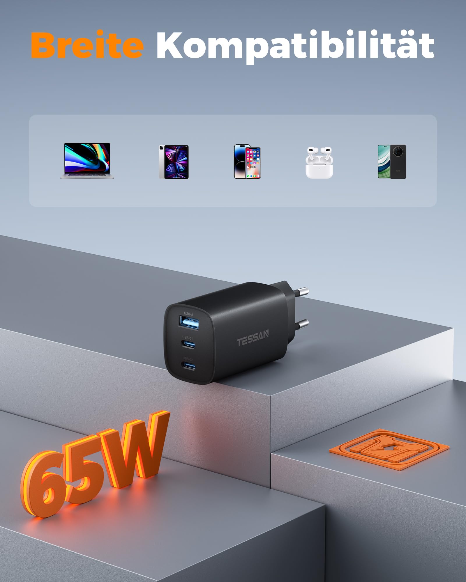 TESSAN PD 65W USB C Ladegerät, 3-Port Netzteil mit 2 USB-C und 1 USB-A 5