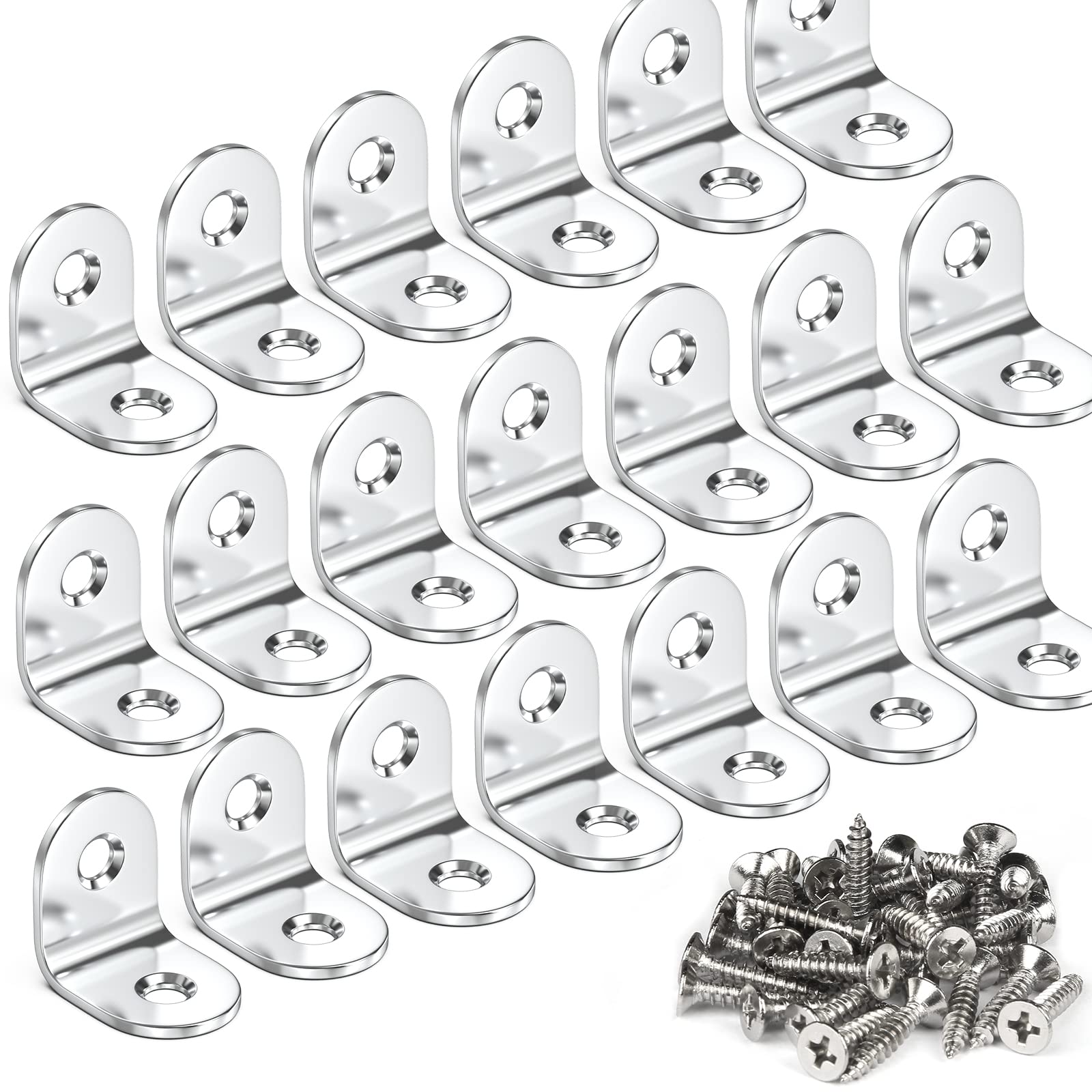 Teenitor 20 Sets Stainless Steel Corner Braces - 20x20mm Right Angle Metal Corner Brackets, 90 Degree L Shaped Fastener Brace Corner Steel Joint with 40 Pcs Screws Silver