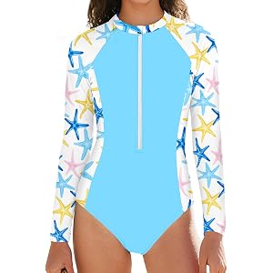TALLWH Girls Rash Guard Swimsuit One Piece Long Sleeve Zipper Bathing Suit with Shorts UPF 50+ Swimwear for Girls 5-12Y
