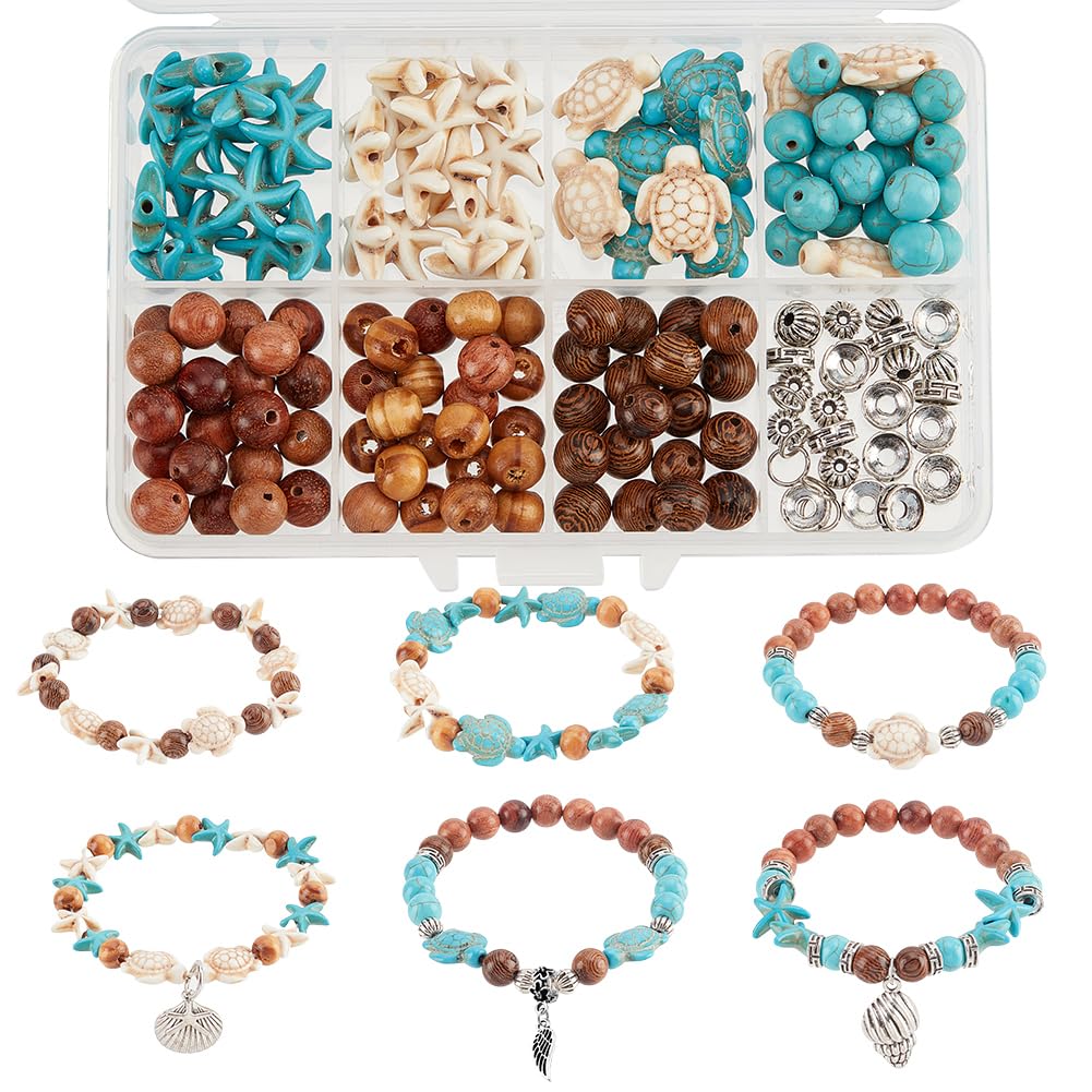 SUNNYCLUE 1 Box 6 Sets Ocean Bracelet Making Kit Sea Turtle Beads Turtle Charm Starfish Charms Wood Beads Summer Ocean Bead Sea Animal Bead Blue Turquoise Shell Beaded for Jewellery Making Kits