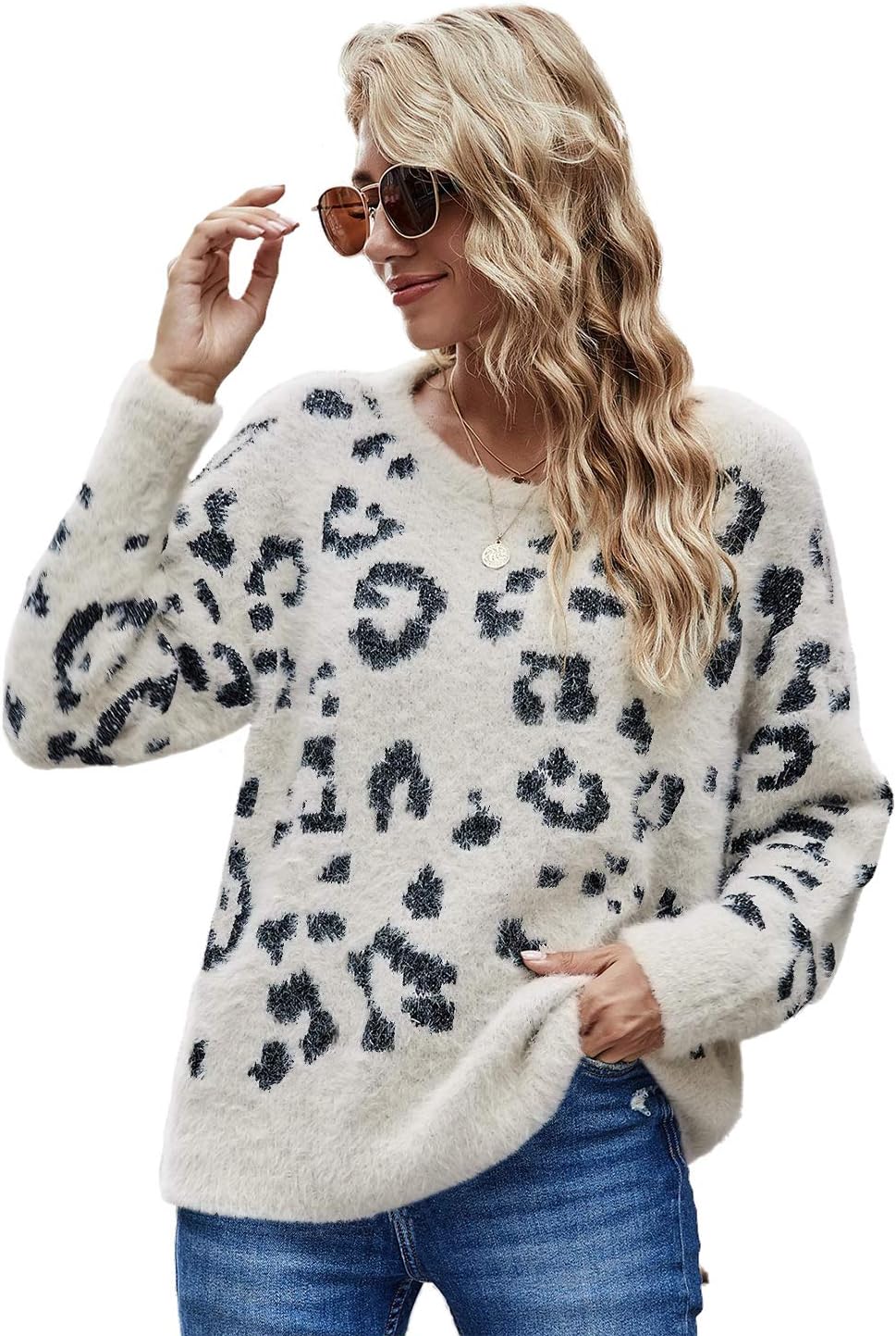 HZSONNE Women's Casual Leopard Crew Neck Loose Fit Sweater Long Sleeve Slouchy Pullover Knitted Fuzzy Jumper Tops