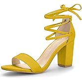 Allegra K Women's Tie Up Strappy Heels Chunky High Heels Yellow Sandal 8 M US