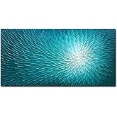 AMEI 24x48in Hand-Painted Textured 3d Oil Painting on Canvas | Teal Blue Abstract Wall Art,Blooming Floral Pattern,Gradient Colors,Modern Minimalist Artwork Ready to Hang
