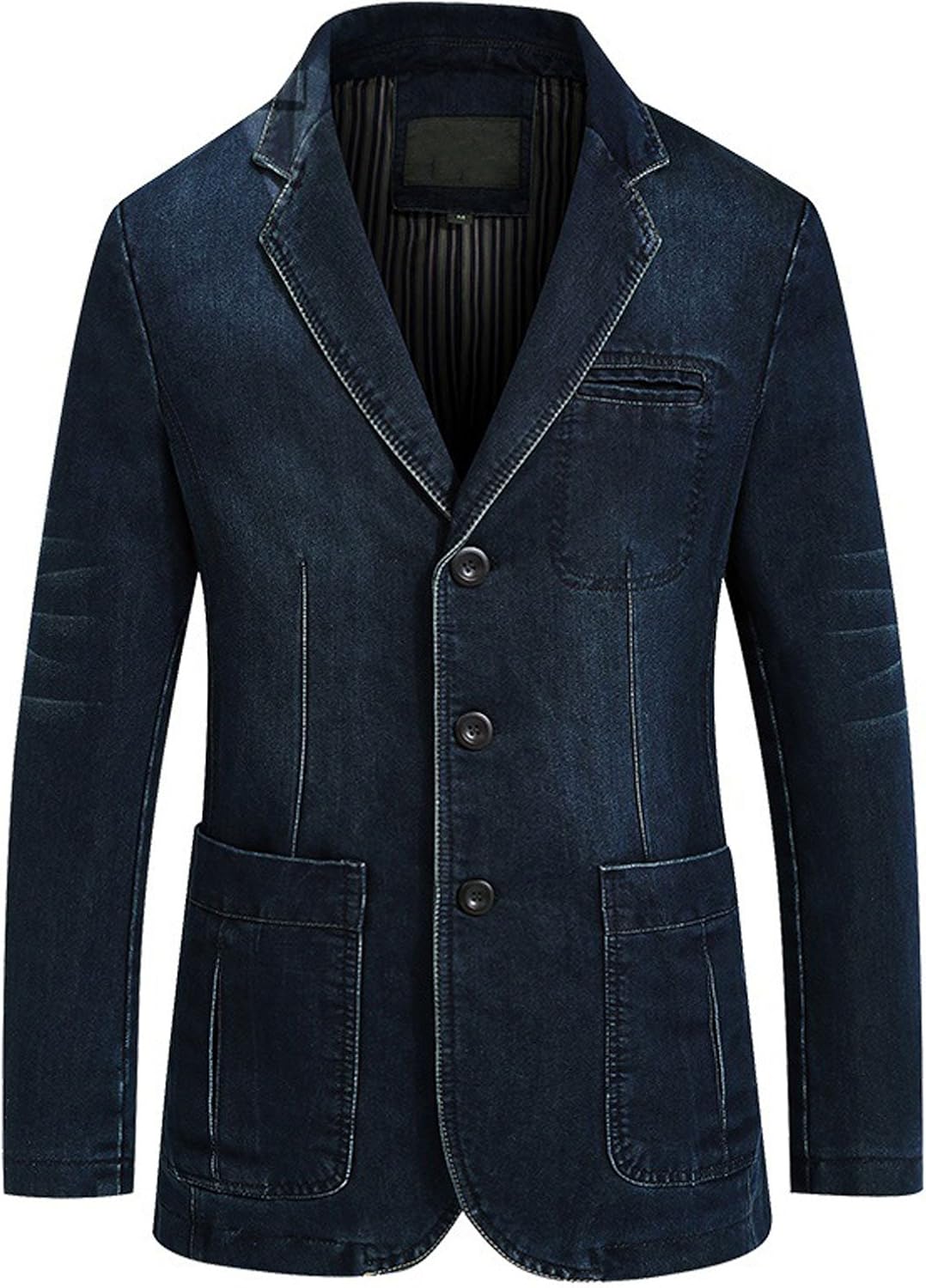 chouyatou Men's Classic Notched Collar 3 Button Tailoring Distressed Denim Blazer Jacket at  Men’s Clothing store