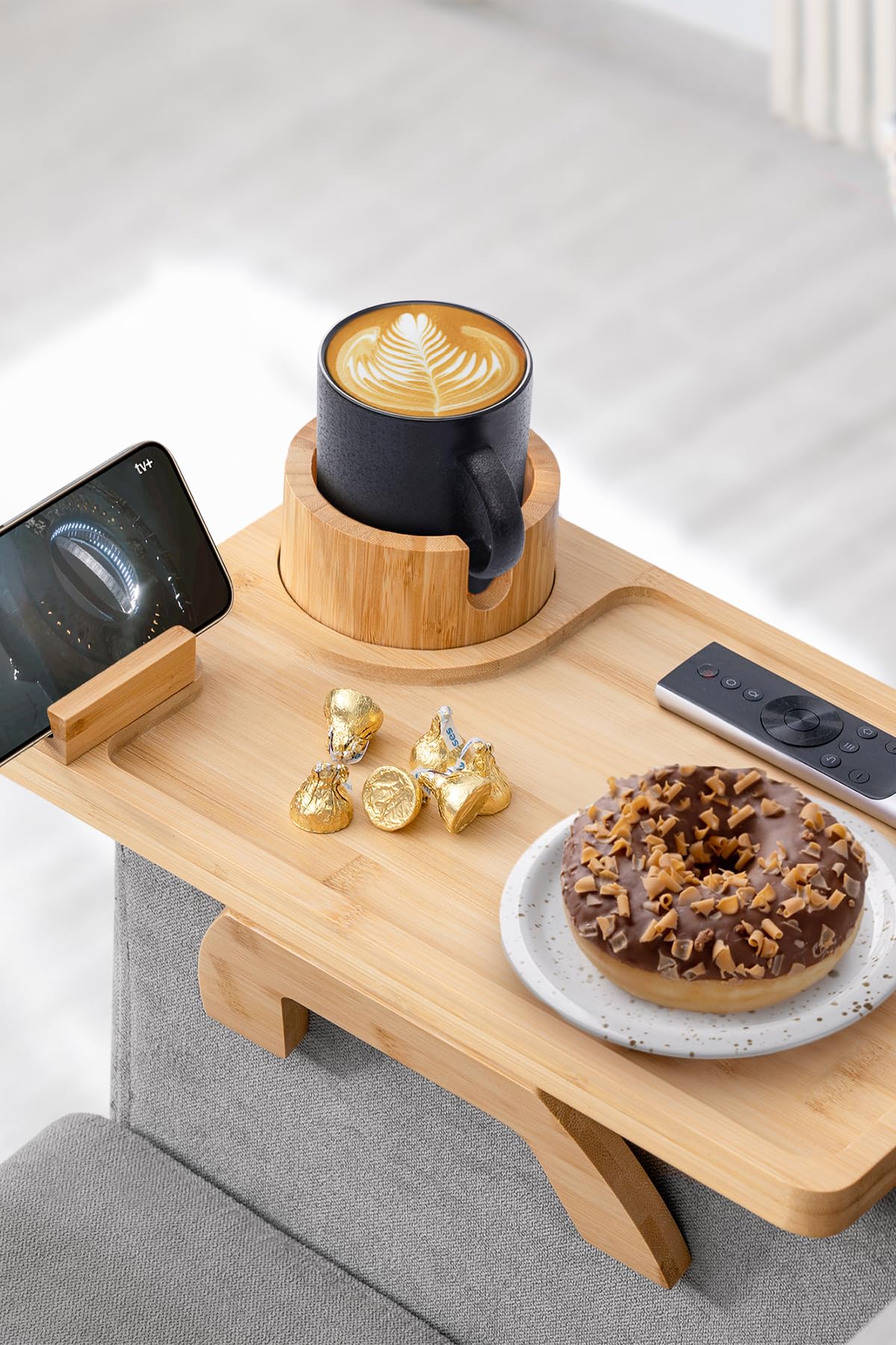 ROCDEER Sofa Arm Tray, Bamboo Large Couch Cup Holder Tray, Sofa Armrest Portable Anti-Spill Beverage Snack Remote Holder