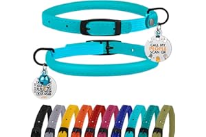 BRONZEDOG Cat Collar with Bell Kitten Rolled Leather Collars Safety QR ID Name Tag (Light Blue)