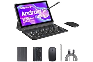 PEICHENG Tablet 10.1" Android15.0, Tab Set with Case/Keyboard/Mouse/Stylus, Octa-core RAM 20GB(6GB+14GB Expand)+ROM 128GB IPS1280x800 Screen 2MP+8MP Dural Cameras,6000mAh Battery,(CP31 Kit, Black)