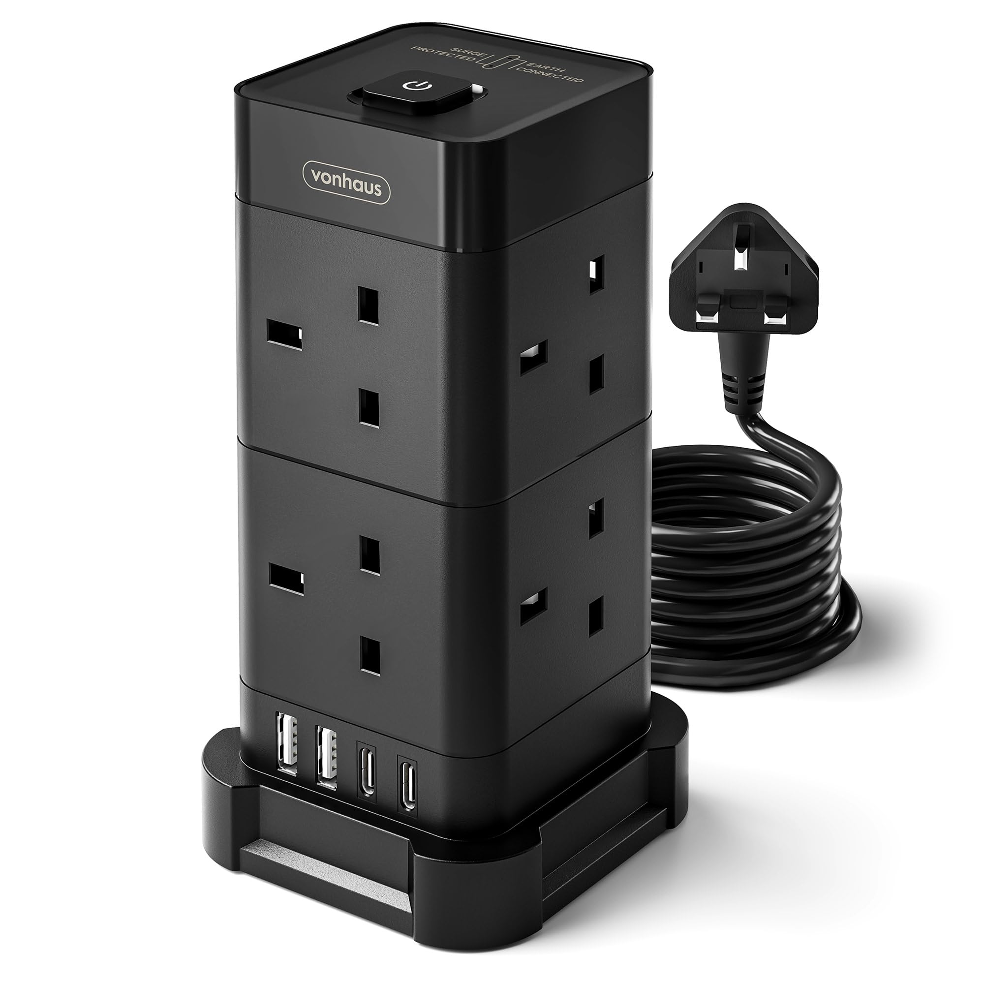 VonHaus Tower Extension Lead (3250W 13A), Surge Protection Extension Socket with 8 AC Outlets, 2 USB Ports & 2 USB-C Ports for Faster Charging, 2M Plug Lead w/Switch for Office, Home, Kitchen