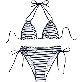 SHENHE Women's 2 Piece Swimsuits Striped Triangle Halter Bikini Set Bathing Suits