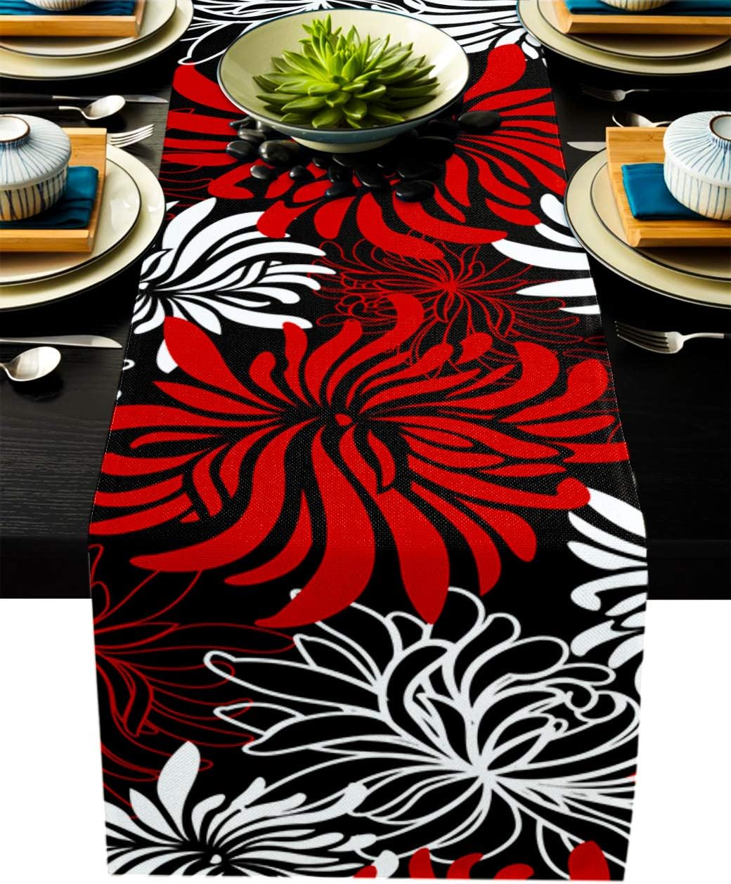 Floral Table Runner-Red Black White Cotton linen-Small 36 inche Dresser Scarves,Flower Tablerunner for Kitchen Coffee/Dining Table Bedroom Home Living Room,Scarf Decor for Summer Spring Holiday Dinner