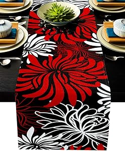 Floral Table Runner-Red Black White Cotton linen-Small 36 inche Dresser Scarves,Flower Tablerunner for Kitchen Coffee/Dining Table Bedroom Home Living Room,Scarf Decor for Summer Spring Holiday Dinner
