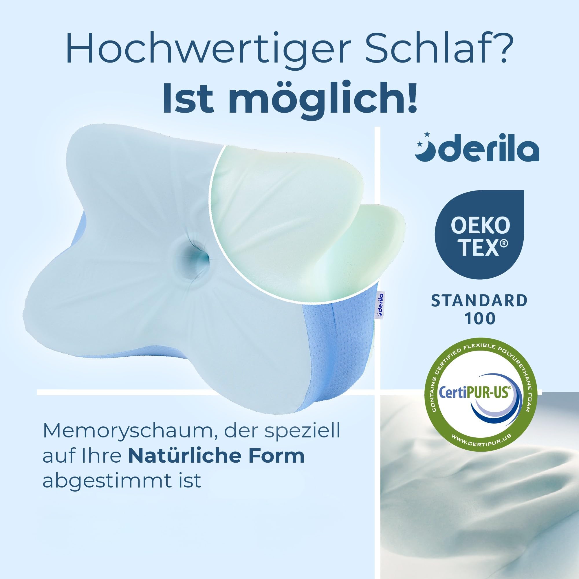Derila Ergo Kopfkissen, Memory Foam Nackenkissen, Seitenschläferkissen & Schmetterlingskissen für Seiten, Rücken & Bauchschläfer (1er Pack) 4