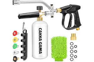 CAKKAGAMA Foam Cannon Dual Connector for Pressure Washer, Car Wash Foam Gun Kit 1/4 Inch Quick Connector, Adjustable Soap Cannon with 5 Pressure Washer Nozzle Tips, Adapter, 1 Liter, A Fluorescent Green Glove