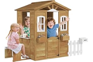 Outsunny Playhouse for Kids Outdoor with Door, Windows, Mailbox, Flower Pot Holder, Serving Station, and Bench, Yellow