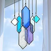 HDCRYSTALGIFTS Stained Glass Window Hanging Suncatchers - 7 Pieces Handcrafted Element Earth Tones Set,Modern Blue Wall Art Sun Catchers Indoor Window Decor Glass Ornaments for Christmas Tree