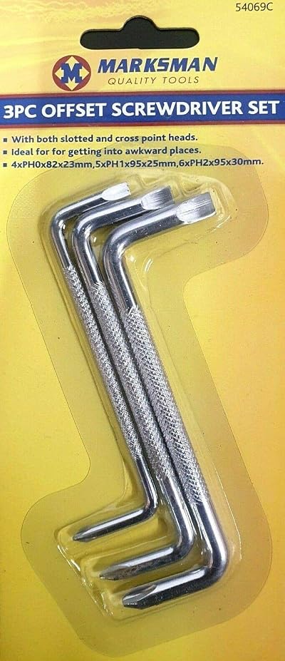 Marksman Offset Screwdriver Set 3 PC Slotted Cross Point PH0 PH1 PH2 Awkward