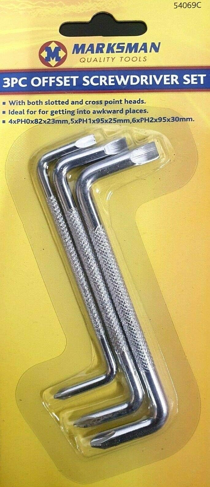 Marksman Offset Screwdriver Set 3 PC Slotted Cross Point PH0 PH1 PH2 Awkward