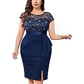 MISSMAY Women's Plus Size Sequin Floral Lace Ruffle Split Elegant Cocktail Party Dress