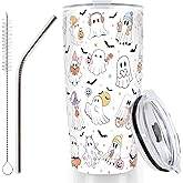 Whaline Halloween Ghost Tumbler 20oz Stainless Steel Travel Tumbler with Lid Straw Brush Cute Ghost Bat Coffee Mug Cup Halloween Boo Spooky Gifts for Women Travel Birthday Horror Gift