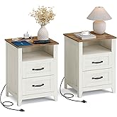 VASAGLE LIRY Collection - Farmhouse Nightstands with Charging Station, Set of 2 Bedside Tables, Side Tables with 2 Drawers, Open Compartment, for Bedroom, Rustic White and Honey Brown ULET869W01