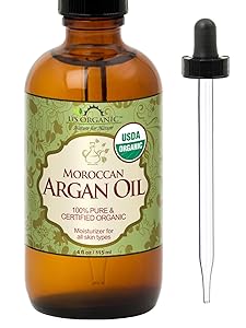 US Organic Moroccan Argan Oil, USDA Certified Organic,100% Pure & Natural, Cold Pressed Virgin, Unrefined, 4 Oz in Amber Glass Bottle with Glass Eye Dropper for Easy Application. Origin_Morocco