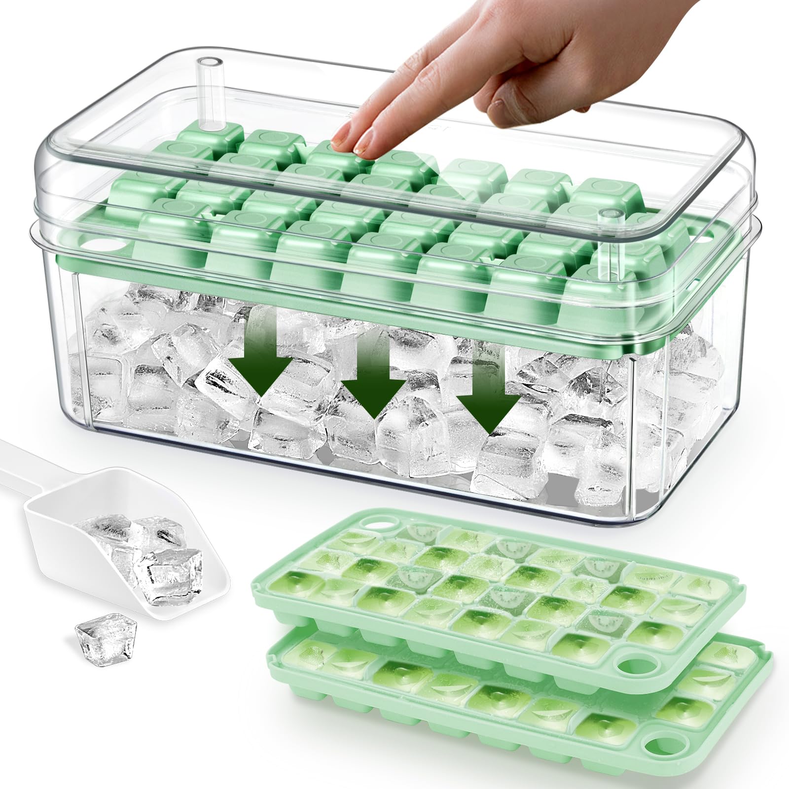 Photo 1 of longzon Mini Ice Cube Tray with Lid and Bin, 60 pcs Ice Cube Trays for Freezer, Ice Cube Mold, Ice Molds Spill-Resistant Removable Lid & Ice Scoop, Ice Cube Tray Mold for Whiskey Cocktail, Tea, Coffee