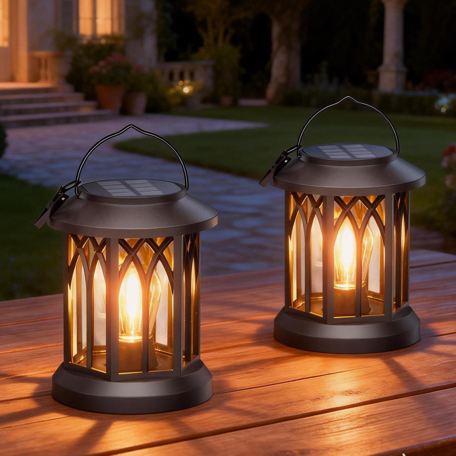 KOOPER Solar Lights Outdoor Garden, 2 Pack Hanging Solar Lanterns with LED Bulds, Waterproof Garden Ornaments Outdoor Lantern Lights for Decoration Yard Pathway Patio