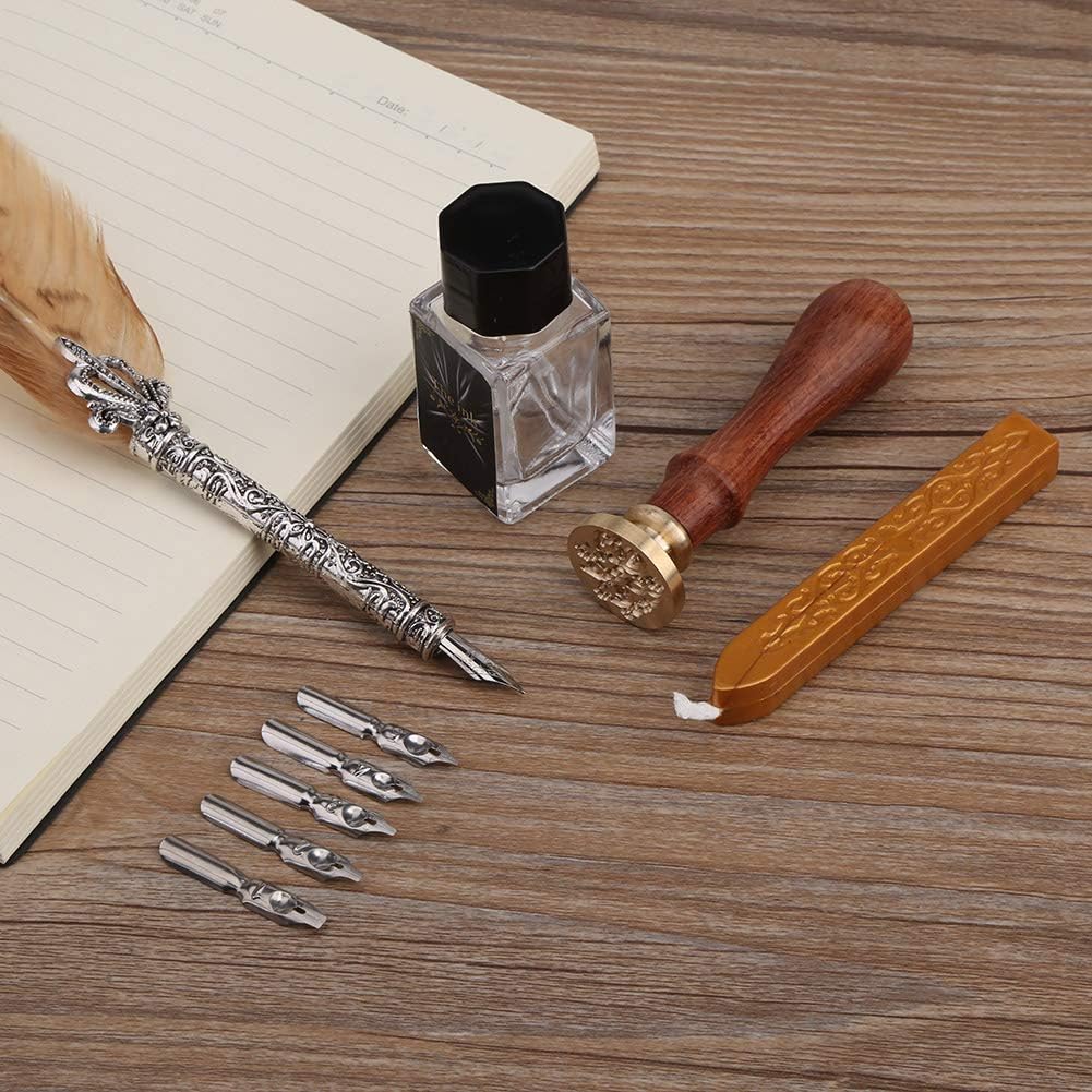 Set Penna Calligrafica Antica Con Piuma D'Oca - Kit Scrittura Con Inchiostro Nero E 5 Pennini - Regalo Vintage Compleanno