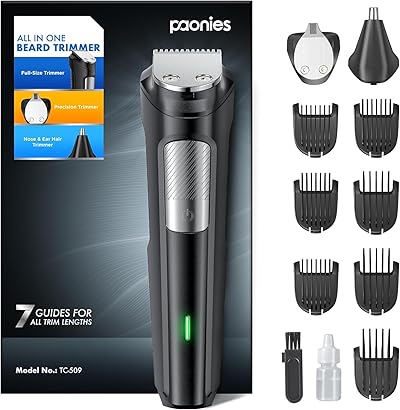 Barttrimmer Herren Haarschneidemaschine, All-in-1 Bartschneider Nasenhaartrimmer Kabellos, USB Wiederaufladbar & Wasserdicht Rasierer Elektrisch mit 7 Aufsteckkämme, Ultrascharfer Klinge
