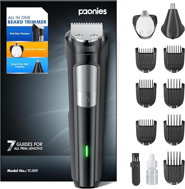 Barttrimmer Herren Haarschneidemaschine, All-in-1 Bartschneider Nasenhaartrimmer Kabellos, USB Wiederaufladbar & Wasserdicht Rasierer Elektrisch mit 7 Aufsteckkämme, Ultrascharfer Klinge