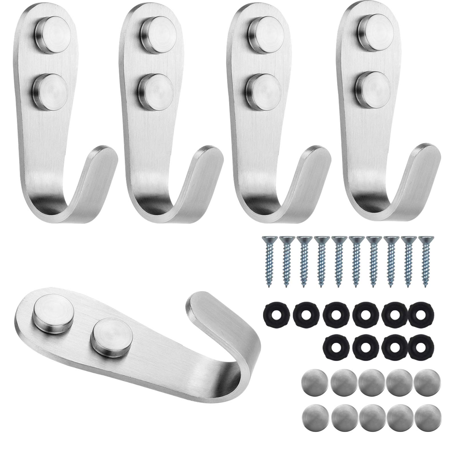 Skyzone 5PCS Coat Hooks Stainless Steel Heavy Duty Wall Mounted Hooks Towel Hook J Hook with Screws and Decorative Cover for Kitchen Bathroom Bedroom