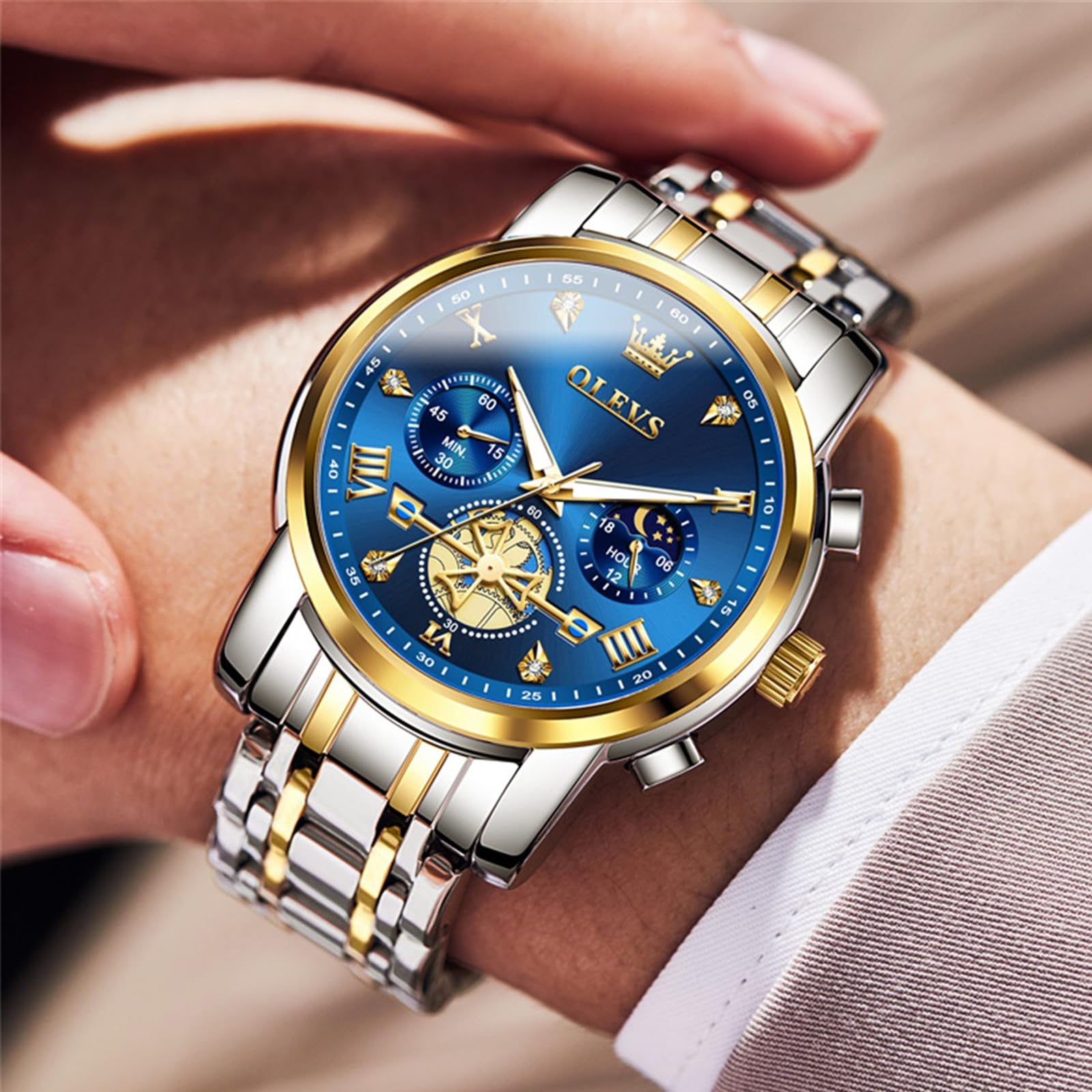 OLEVS Herren-Armbanduhr mit Zeitcode, Edelstahlarmband, Leuchtend, wasserdicht, multifunktional, Unterzifferblatt, Business-Kleid, Quarz, rund, Luxusuhren für Herren, 2856, zweifarbiges Armband mit 2