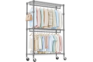 IZEUK Heavy Duty Rolling Garment Rack with 3 Adjustable Wire Shelves, Hanging Rod & Side Hooks - Extra Large Mobile Clothes Rack with Wheels, 47.2" W x 17.7" D x 83.6" H, Black