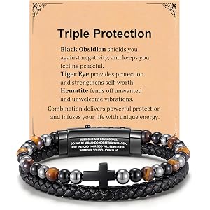 VNOX Cross Bracelet Christian Gifts for Men - 3 in 1 Triple Protection Hematite Black Obsidian Tiger Eye Rosary Beads Leather
