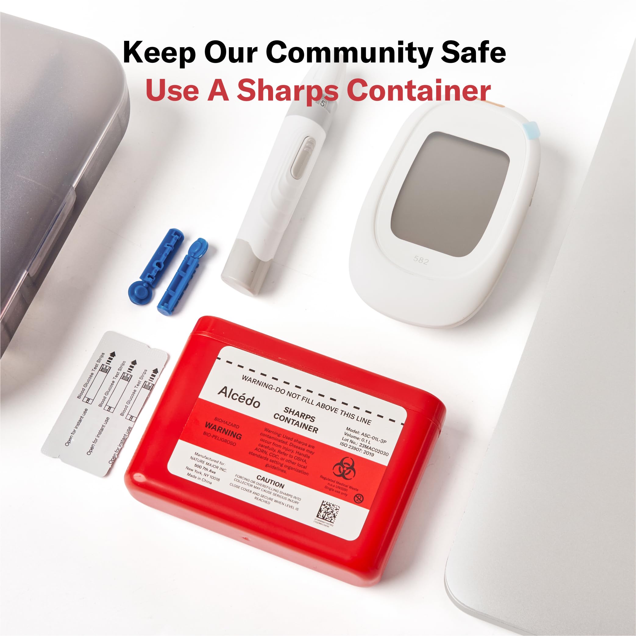 Alcedo Portable Sharps Container for Travel and Home Use (3-Pack), Small 0.1L Container for Diabetes Insulin Pen Needle Disposal, Mini Sharps Box, Medical Grade