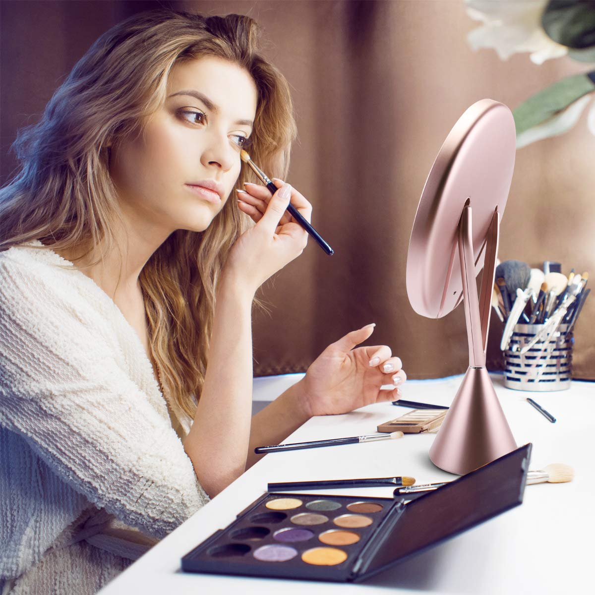 Lighted Makeup Mirror, Rechargeable 8.3 Inch Vanity 1X/5X Magnifying Mirror, 3 Color Modes Dimmable with Touch Screen (Rose Gold)