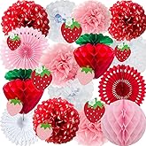 KLAZYUN Strawberry Party Decorations, Red Pink White Tissue Pom Poms Fans Honeycom Balls, Lanterns Garland Classroom Berry Sweet Fruits, 1st One Birthday Bridal Baby Shower Décor Supplies, 15pcs