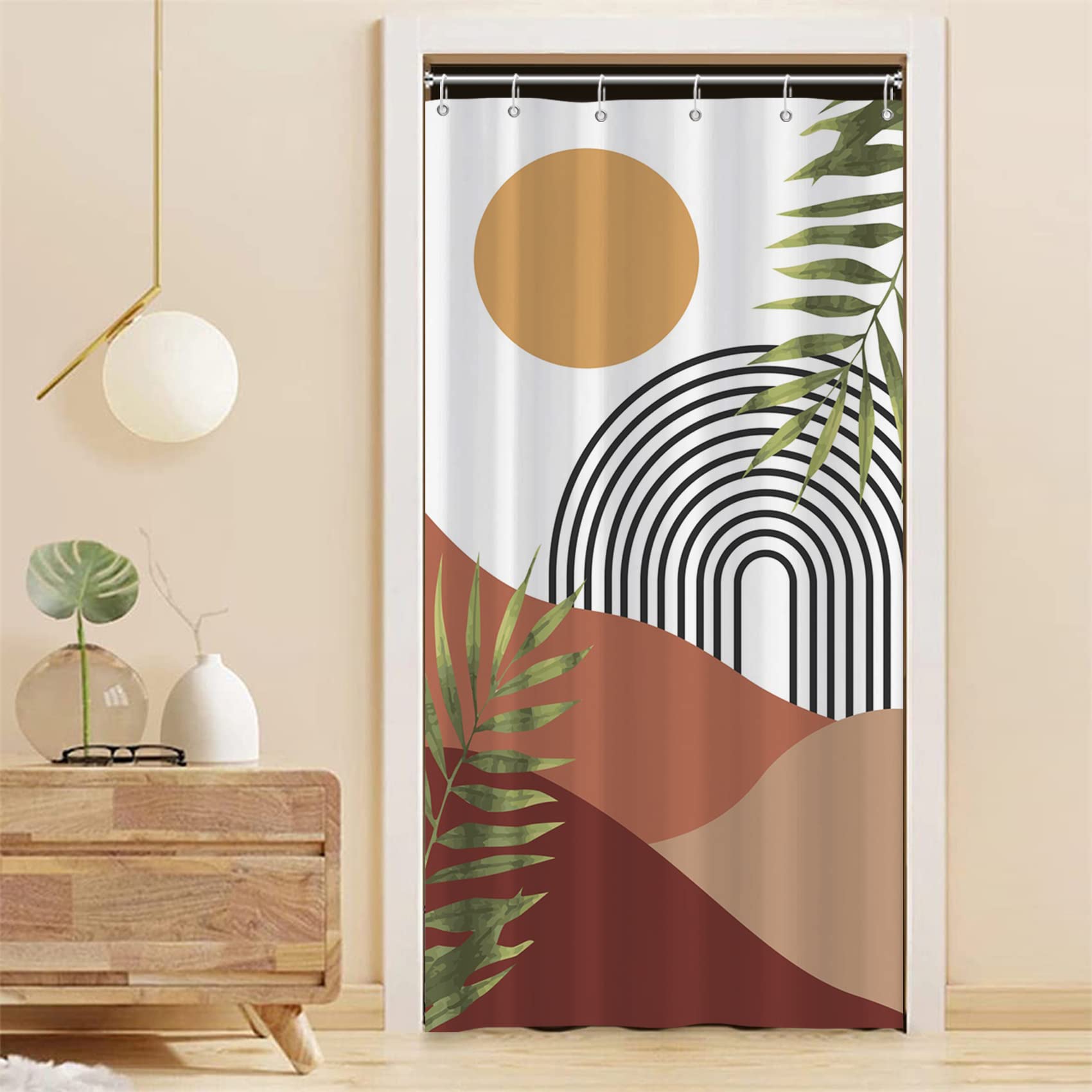 MIRRORANG Boho Stall Shower Curtain, Sun Arch and Leaf Element Shower Curtain Set with 6 Hooks, Bathroom Curtains Durable Fabric Machine Washable 36 x 72inch — image 1