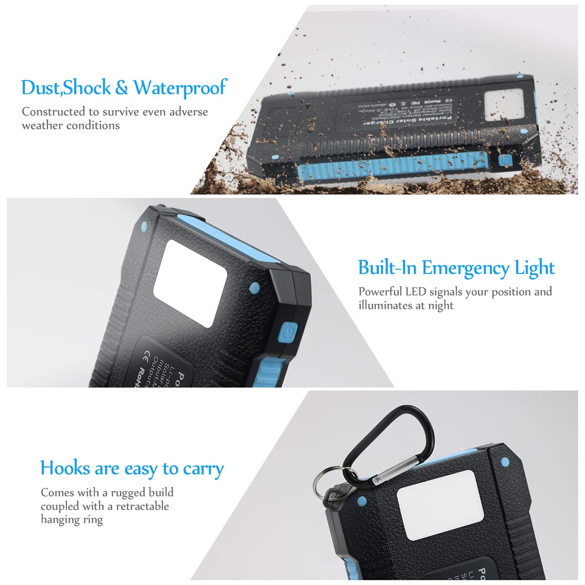 Solar Power Bank Charger 22000 mAh, Solar Powered Phone Charger Portable, Solar Panel Battery Charger with Type-C, Dual USB, LED Flashlight, IPx7 Waterproof, Dustproof and Shockproof, for Mobile Phone, iPhone, iPad, Samsung Galaxy, Cellphon