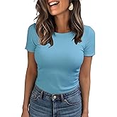 BIDITANLE Womens Summer Short Sleeve T-Shirt Ribbed Knit Crew Neck Slim Fitted Basic Casual Top