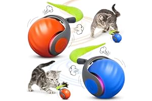 WJQYFJJS 2Pcs Speedy Cat Toy, 2025 New Generation Interactive Toys for Indoor Cats, Smart Toys Ball, Two Speed Adjustment, Automatic Moving Toy Ball with Tail (Blue+Orange)