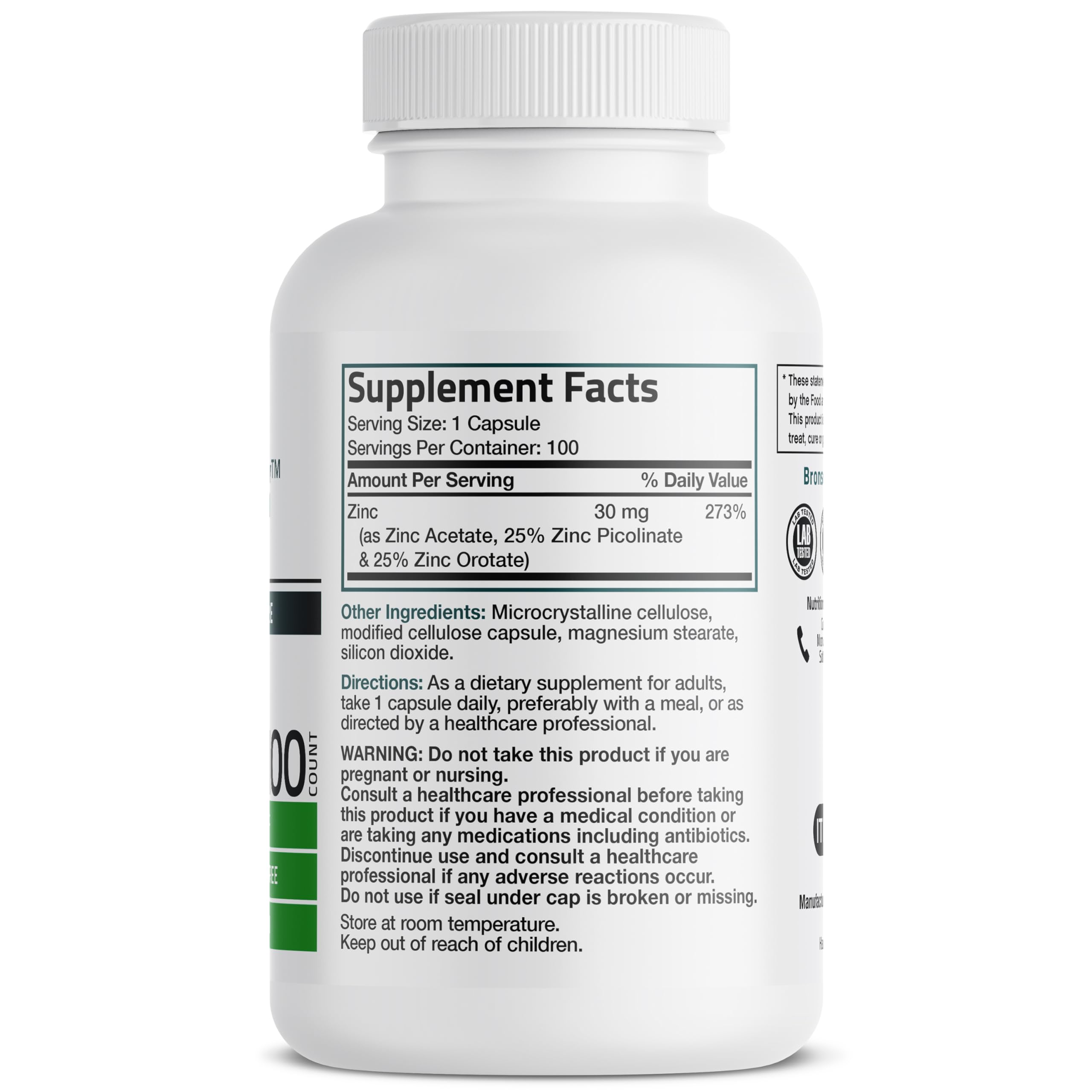 Bronson Zinc Triple Play 30 mg Triple Coverage Immune Support with Zinc Acetate, Picolinate & Orotate - Immune, Antioxidant & Skin Health Support - 100 Vegetarian Capsules