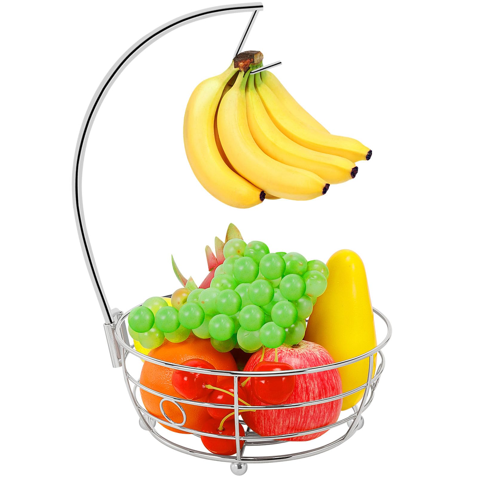 Photo 1 of Livabber Countertop Fruit Basket Bowl with Banana Hanger, Modern Standing Fruit Vegetable Bowl Storage, with Banana Tree Holder for Kitchen Dinning Table (Round Metal, Chrome)
