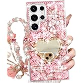 Changjia for Samsung Galaxy S25 Ultra Glitter Bling Case,Cute 3D Sparkle Heart Makeup Mirror Crystal Rhinestone Flowers Diamond Gems with Lanyard Wrist Strap Women Girls Case for Galaxy S25 Ultra,Pink