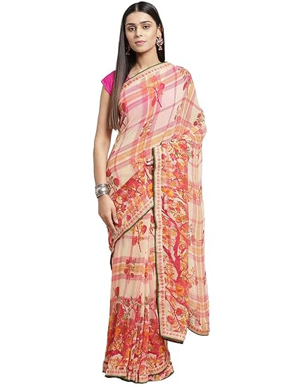 Shaily Womens Beige Georgette Printed Saree