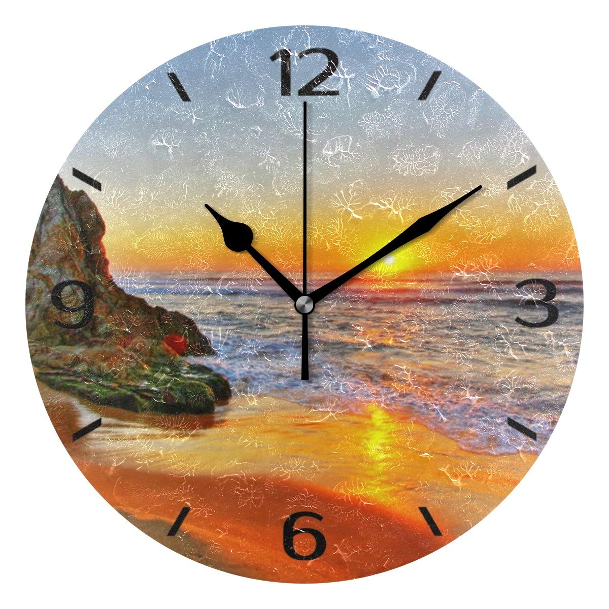 ALAZA 25cm Silent Round Wall Clock, Scenic Sunrise Beach Rocks Non Ticking Clock for Living Room Kitchen Bedroom Office Decorative with Desktop Stand